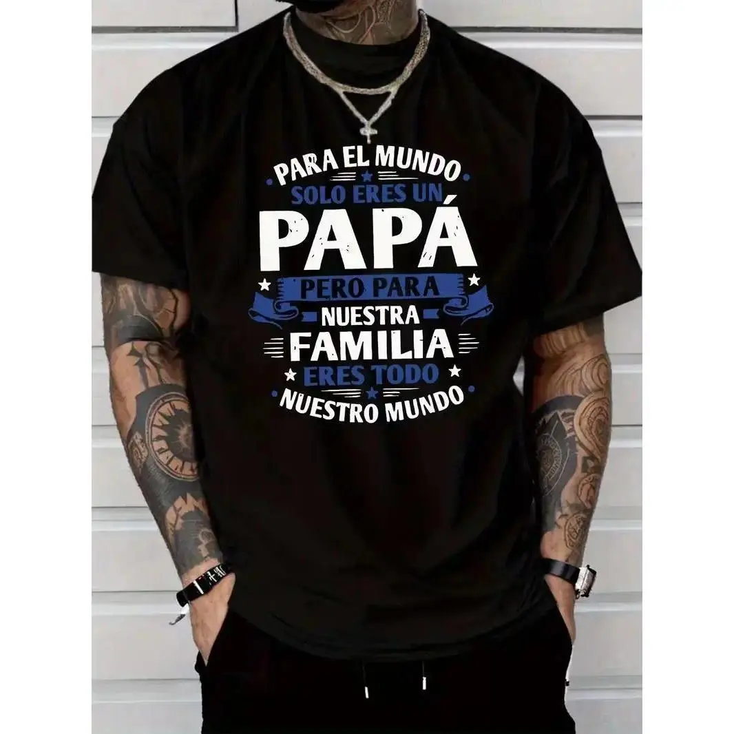 Men's Baggy Short-Sleeve Round-Neck Casual Soft Cotton Graphic-Print T-Shirt with Spanish Quote, Machine-Washable Father's Day Gift for Latino Dads