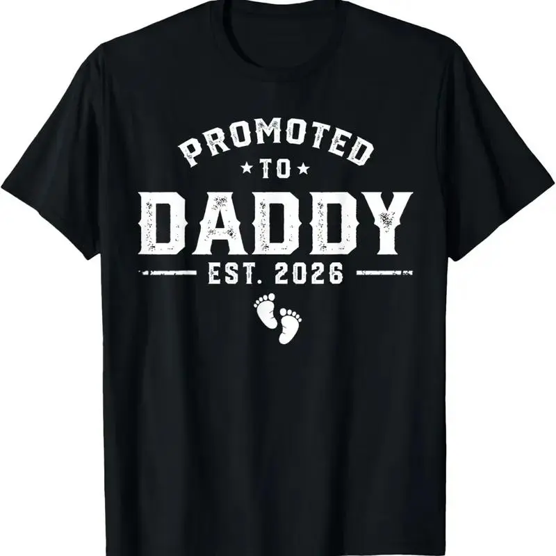 Soft Basic Cotton Graphic Tee, Retro Worn Text Promoted To Daddy EST 2026 With Baby Foot Print Crew Neck Shirt, Perfect Pregnancy Announcement Gift For First Time Father Casual Daily Top
