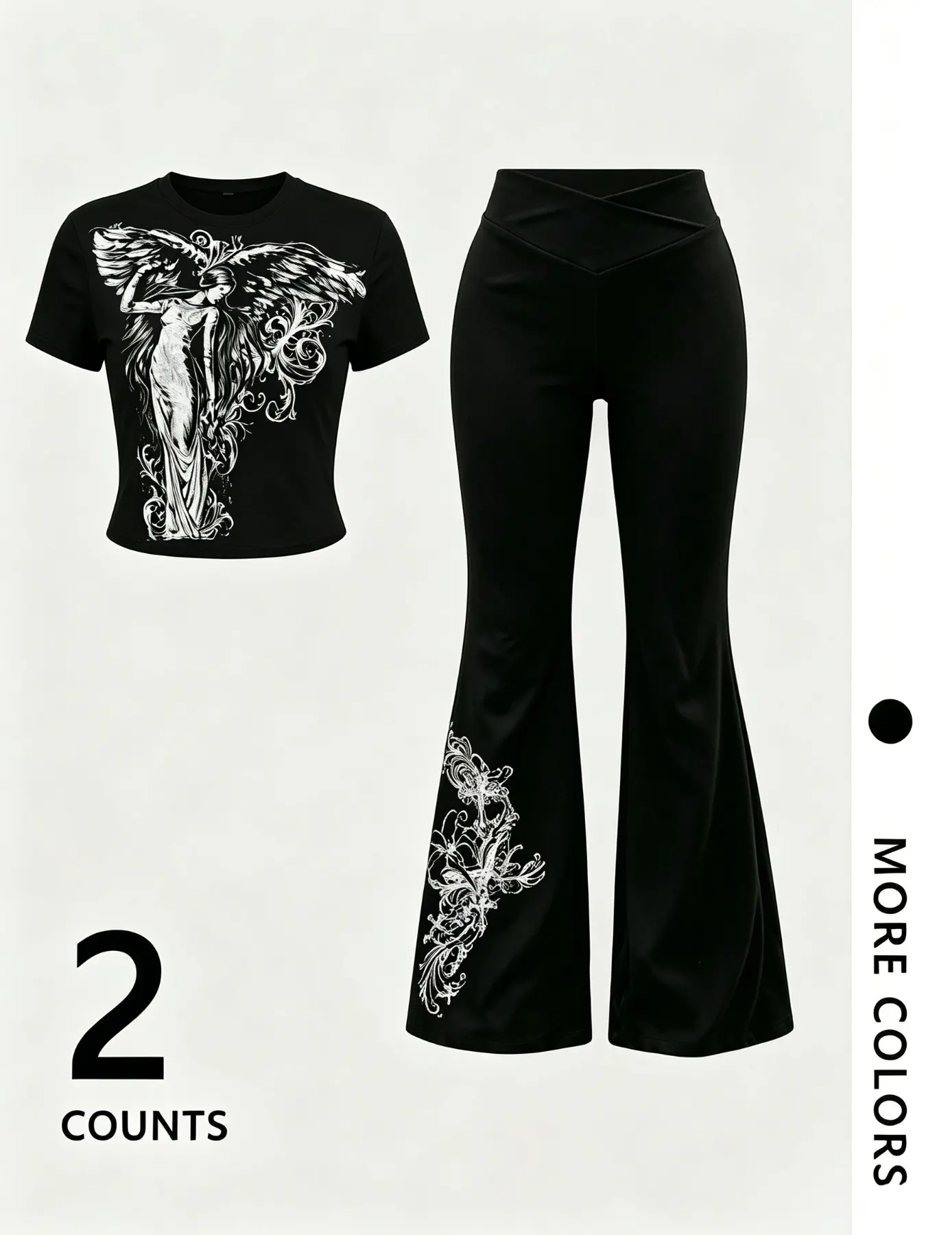Angel Portrait Short Tee + Cross Waist Floral Butterfly Flared Pants Set, American Y2K Dark Chic Print, Two-Piece Fashion Ensemble, Trend