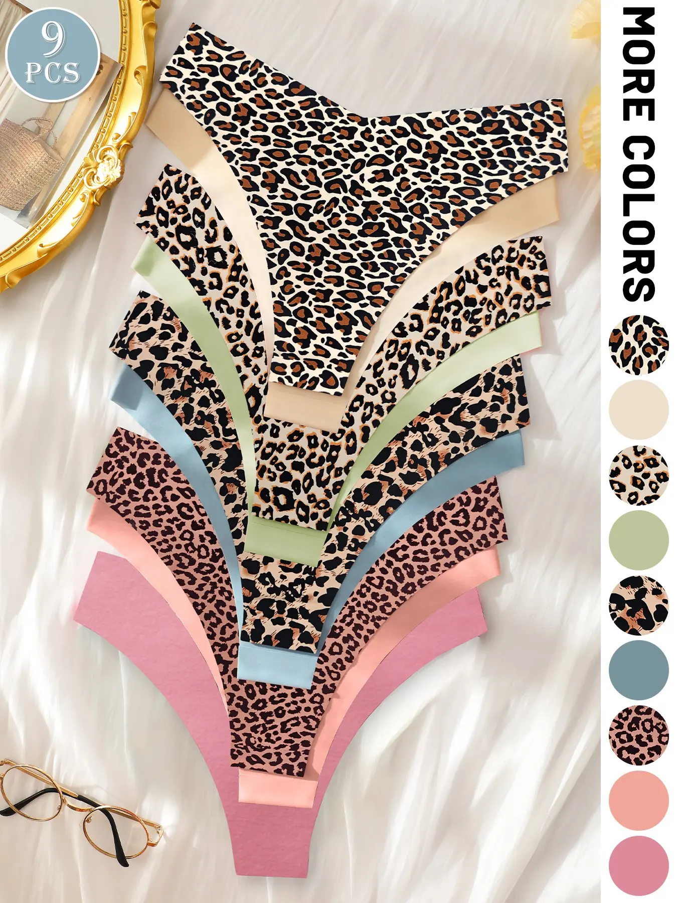 9-Pack Seamless Women's Briefs, V-Shape Leopard Print Thong, All-Season Casual Wear, Low Waist Slim Fit, Plain Surface, 88.2g/m²