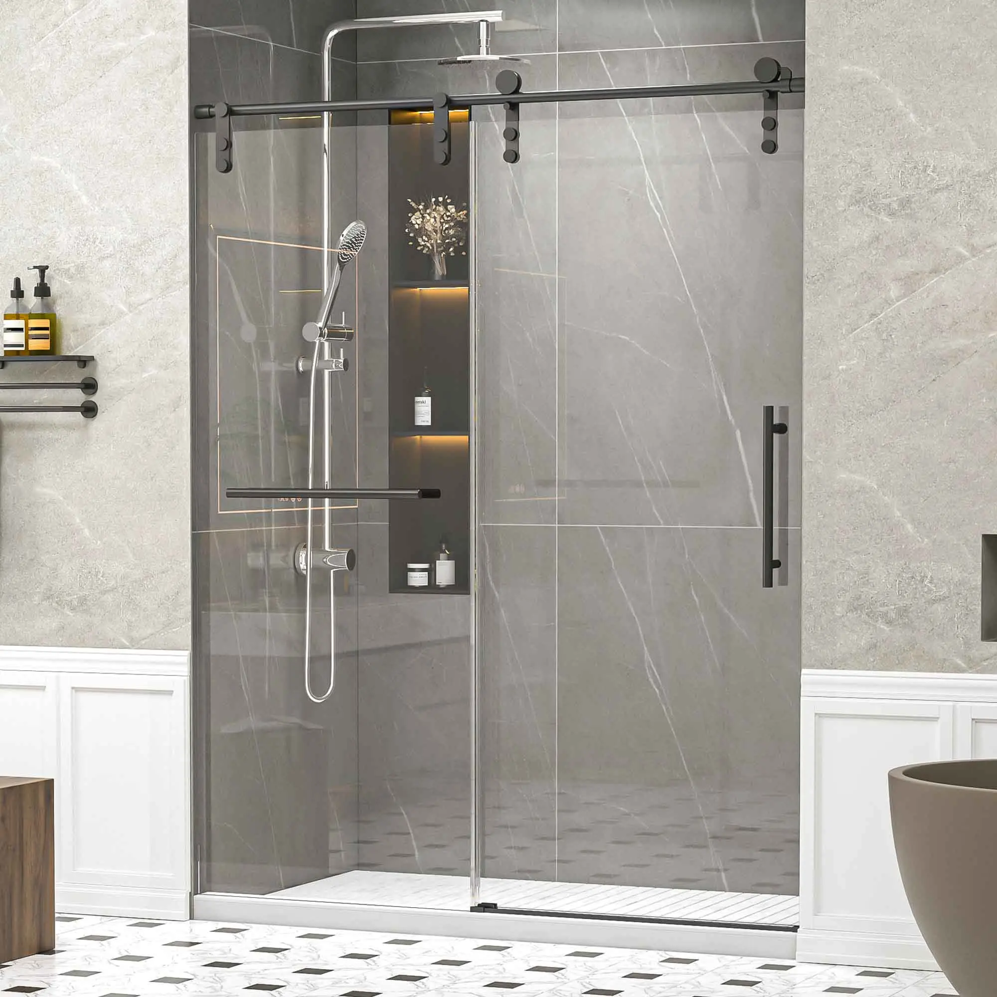 ARCH Frameless Single Unit Sliding Shower Door, 56-60" W x 76" H, 5/16" Tempered Glass, Matte Black, Reversible Open, Towel Rail & Handle, Waterproof, Modern Bathroom Enclosure, Glass+Metal Material, Sliding Door, 56-60X76"