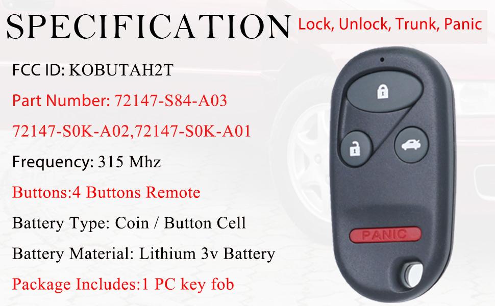 Keyless Remote Car Key Fob Replacement for Honda Accord Acura TL KOBUTAH2T 1998 1999 2000 2001 2002 2003 72147-S0K-A02 72147-S84-A03 4 Button 1 Pack