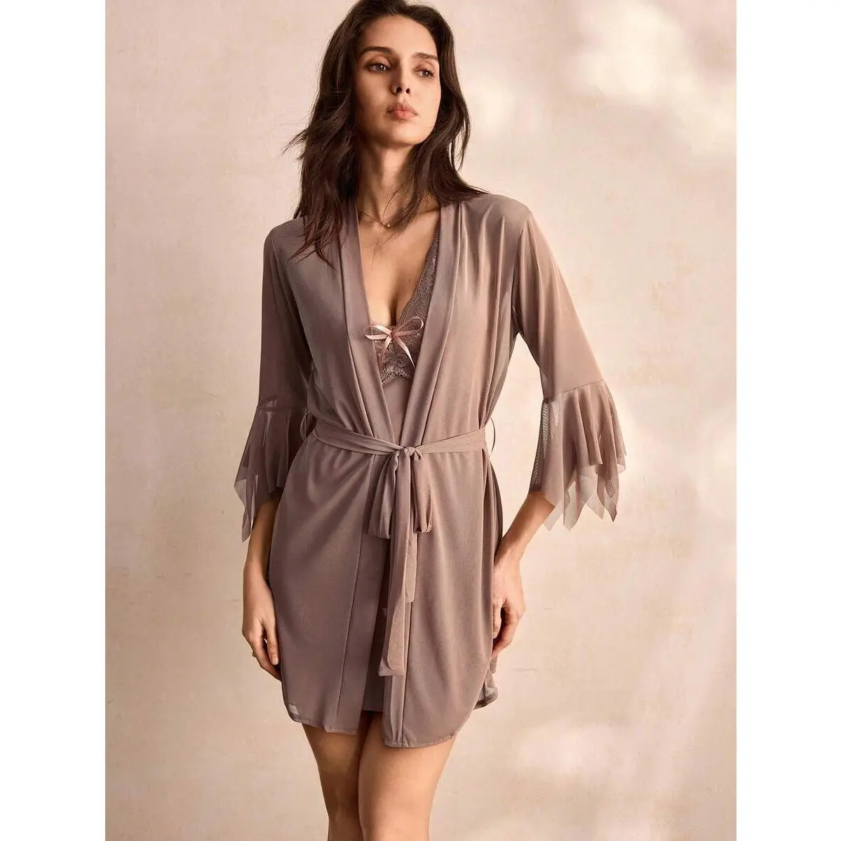 summer,beach,day,fashionable,,vintage,,solid,color,one-piece swimsuit,Contrast Lace Flounce Sleeve Bow Front Mesh Robe & Dress PJ Set / Pajama Set Bow Tie,backless,chic