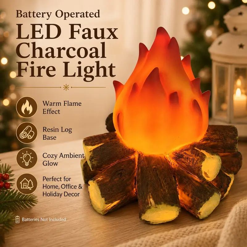 Battery Operated LED Faux Charcoal Fire Light, Resin Flame Effect Ambient Lamp, Decorative Christmas Tabletop Light for Room, Home, Office and Holiday Party Decor, Batteries Not Included