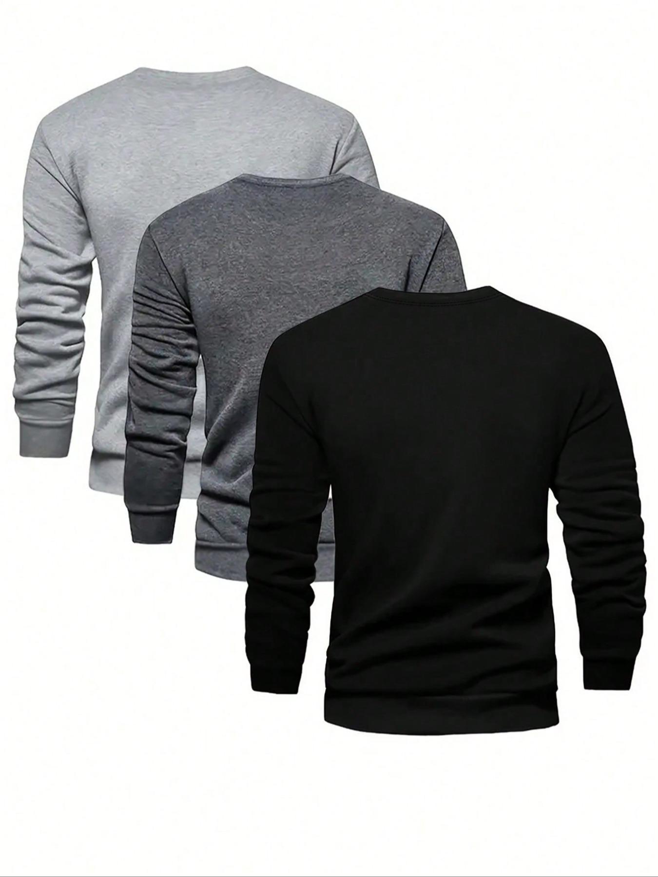 Men's Solid Plain Long Sleeve Crew Neck T-shirt, Casual Regular Fit Basic Round Neck Tee for Fall & Winter, Men's Clothes for Daily Wear