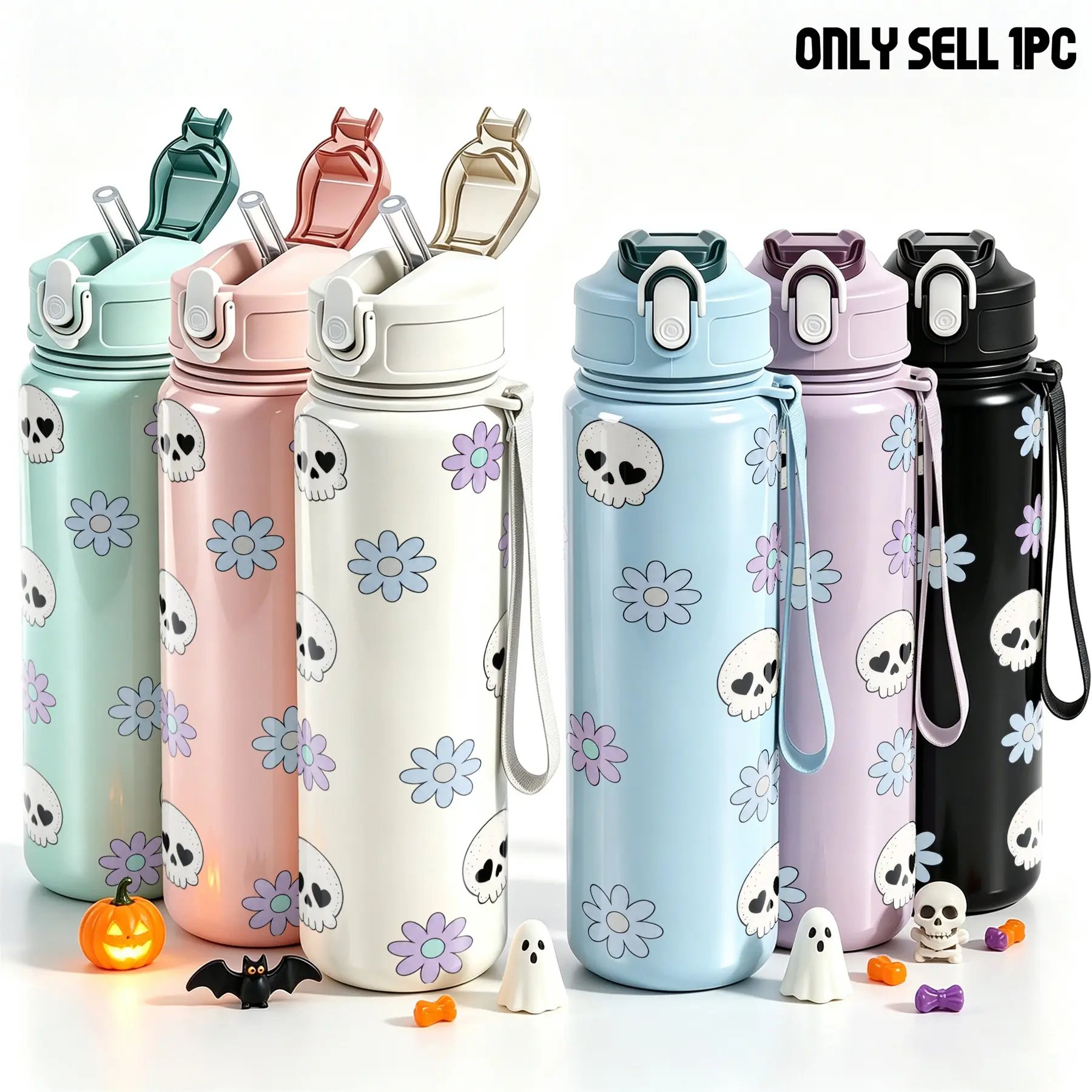 1pc 25oz Cute Halloween Water Bottle With Straw, Reusable Sports Bottle with Heart-eye Skull & Floral Print, Portable Travel Hydration Bottle with Lid, Spooky Season Gift for Women Teen Girls Women's clothing