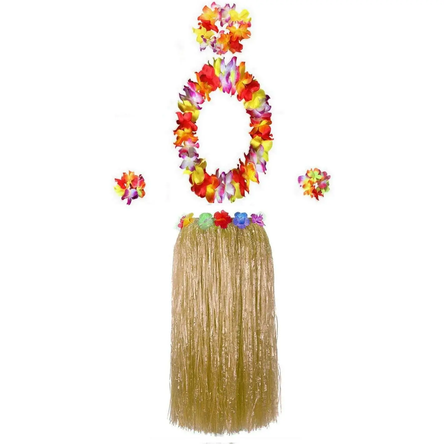 Hawaiian Luau Hula Grass Skirt with Large Flower Costume Set for Dance Party Decorations Supplies(Gift)