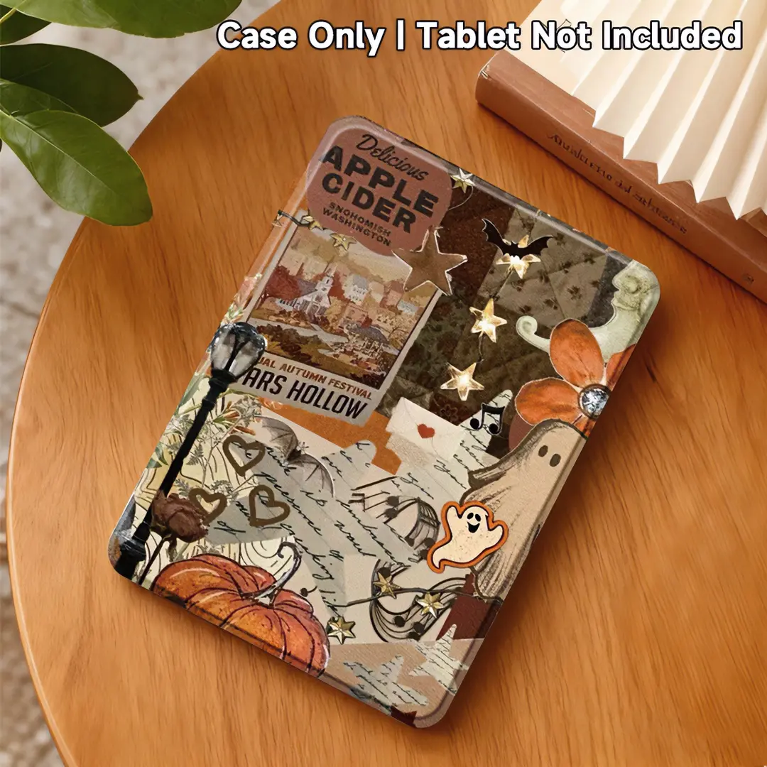 Vintage Halloween Collage Leather Kindle Case - Casing Shell Accessory with Pumpkin Ghost Bat Pattern, Hand Strap, Smart Sleep/Wake Function, 6/6.8/7in E-book Reader Protection for Compatible Devices