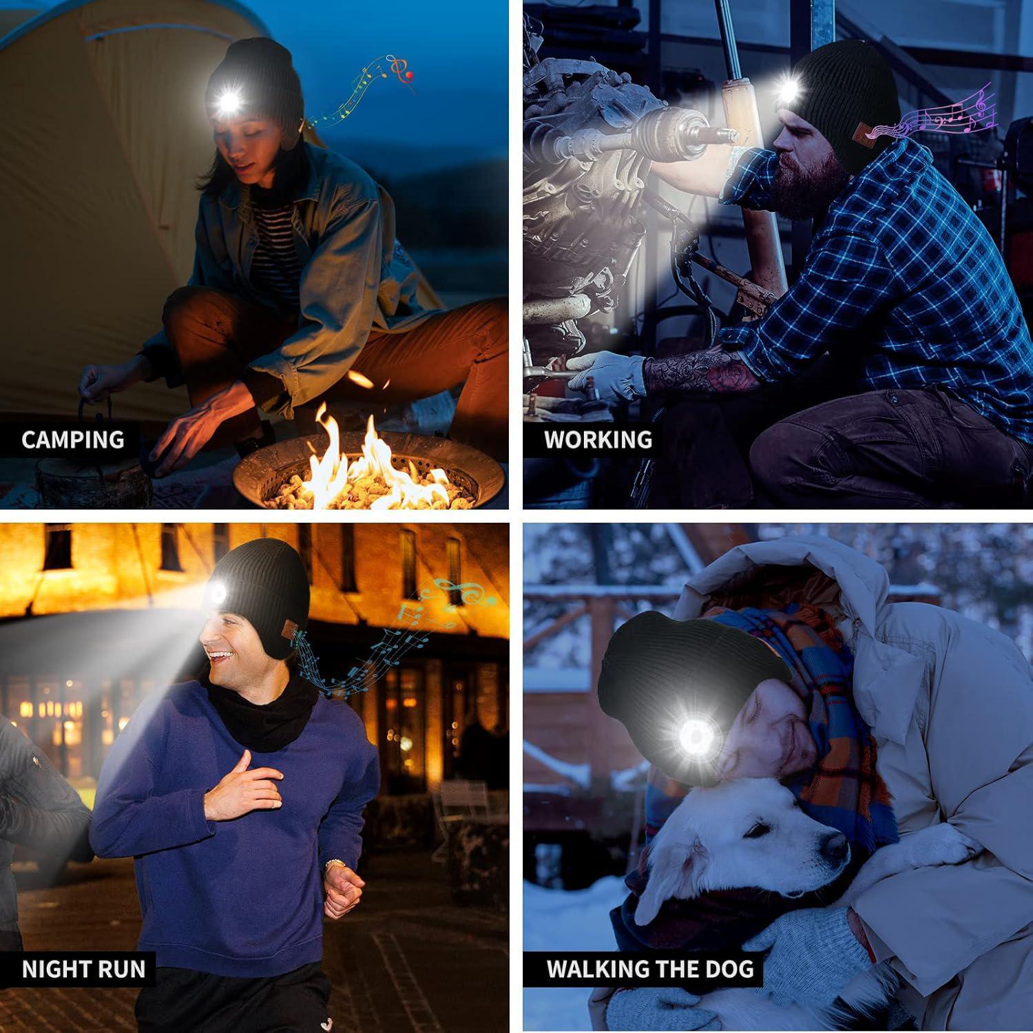 Bluetooth Beanie with Light, Unisex USB Rechargeable  Headlamp Cap with Headphones and Built-in Speaker Mic,Unique Christmas Birthday Gifts for Men Husband Teen warm beany Knit Balaclava Outdoor