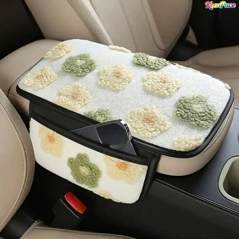 Floral Plush Fleece Car Armrest Pad, Cute Universal Center Console Cover With Side Storage Pocket, Soft Warm Winter Automotive Interior Decor Accessory Fit Most Vehicle Models,summervibes, Cars Accessories, Car Interior,back to school,back to school haul