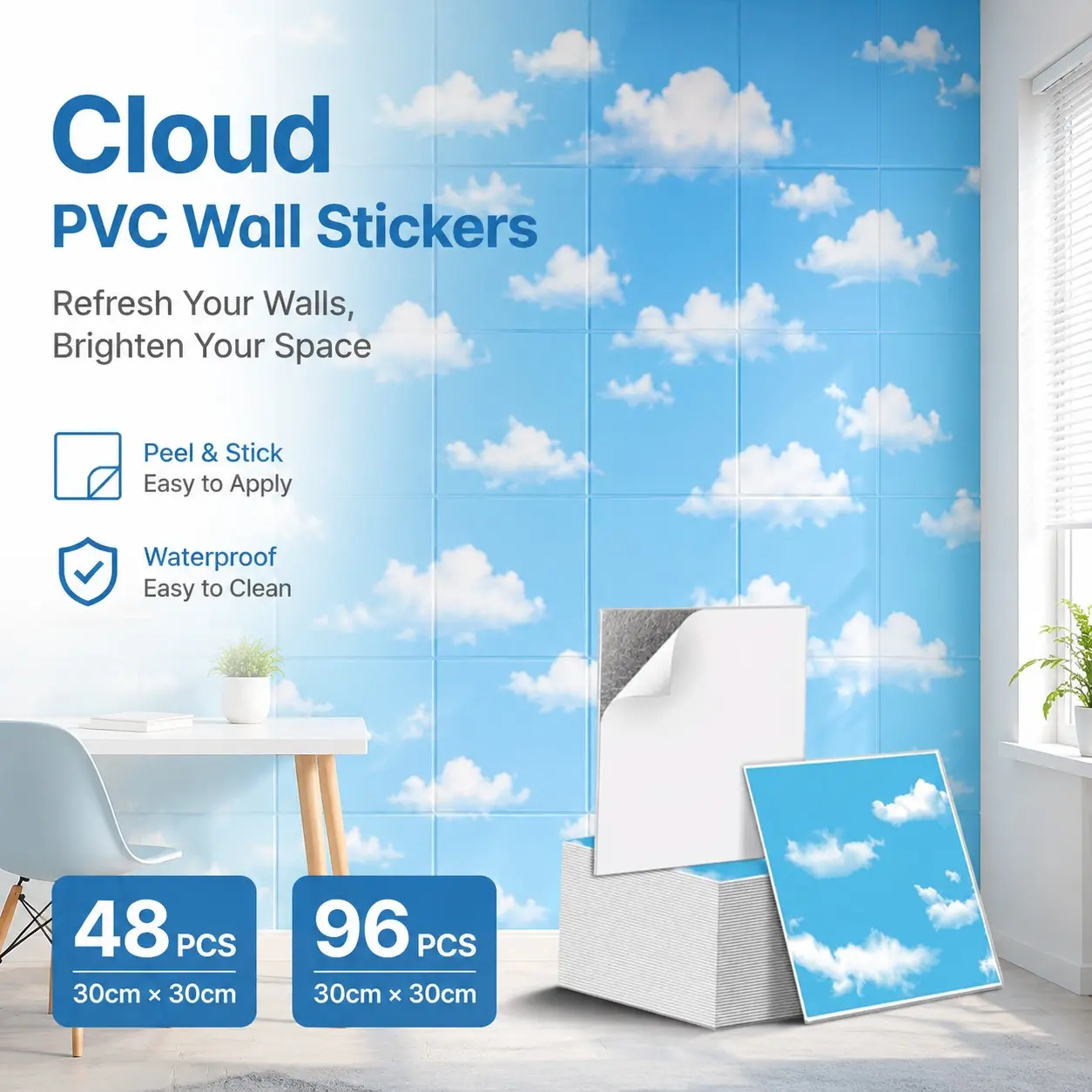 48/96pcs Self Adhesive Blue Sky And White Clouds Peel Wall Panels, Ceiling and Wall Stickers, High-Quality PVC Wall Panels, Fireproof, Waterproof, Lightweight Self-Adhesive Wall Decals for Kitchen Renovation and Wall Covering, Living Room Wall Decor