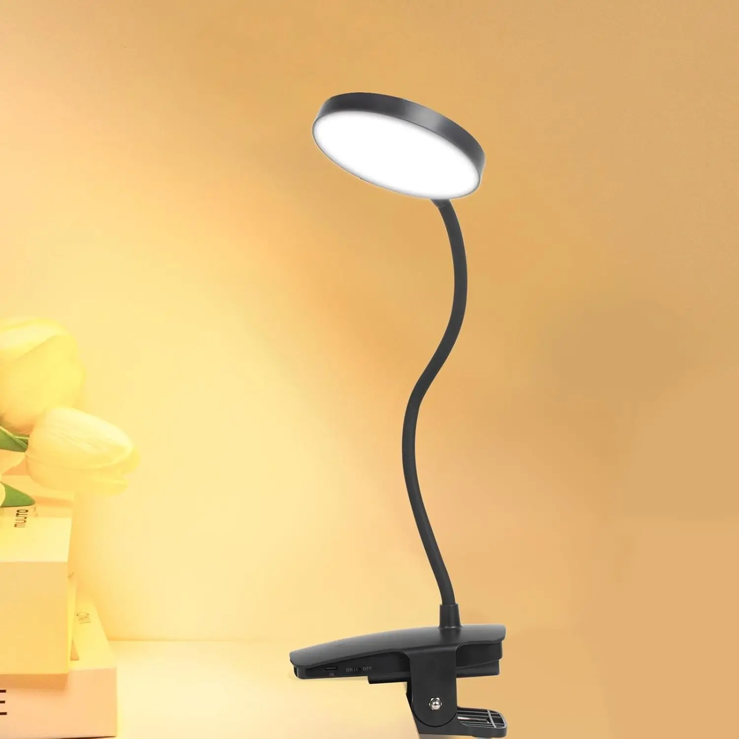 Cordless Rechargeable Clip-On Desk Lamp with Flexible 360° Gooseneck, 450 Lumen Eye-Protection Light, 30 Custom Lighting Modes, 5-30H Long Battery Life for Bed Headboard Desk Craft, Black, 1 PackGift
