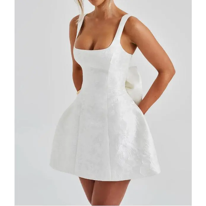 Showstopper French Sweet Spicy Jacquard Bodycon Dress Elegant Back Bow Spaghetti Strap Slimming Dress Instagram Worthy