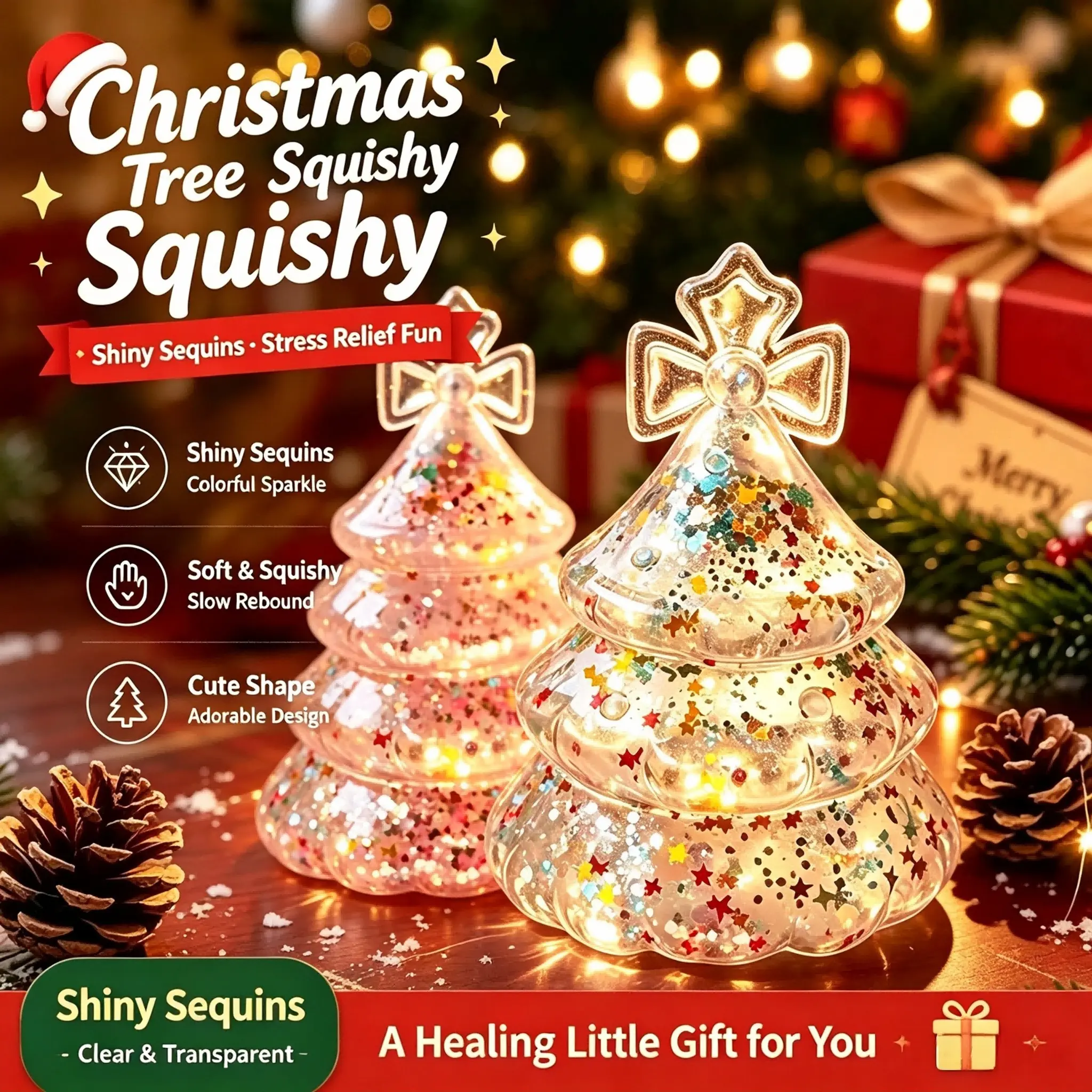 Mini Christmas Tree Stress Balls Set with Glitter Resin Material, Dreamy Christmas Style in Multiple Colors, Holiday Desk Decor and Gift Idea