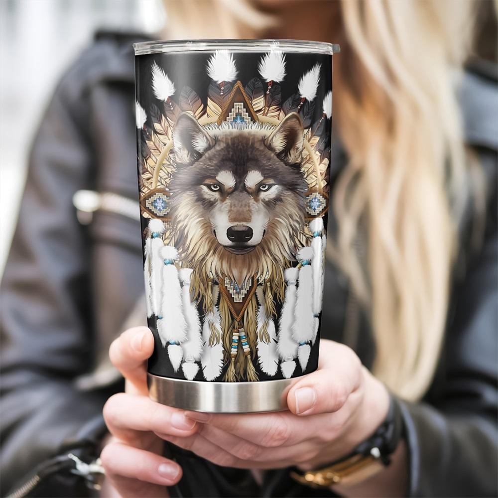 20oz Tumbler, 1 Count Wolf Pattern Stainless Steel Cup, Insulated and Durable Cup, Great Gifts for Wolf Lovers and People Who Love Indian Culture, Drinkware, Bottles, Insulated Water Bottle