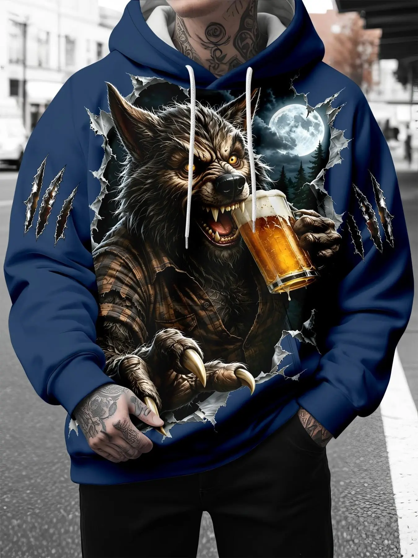 Men Cool Werewolf Beer Cup Print Hoodie,  Ripped Paper Claw Mark Full Moon Forest Graphic Oversized Long Sleeve Pullover, Street Trend Casual Autumn Winter Hooded Sweatshirt