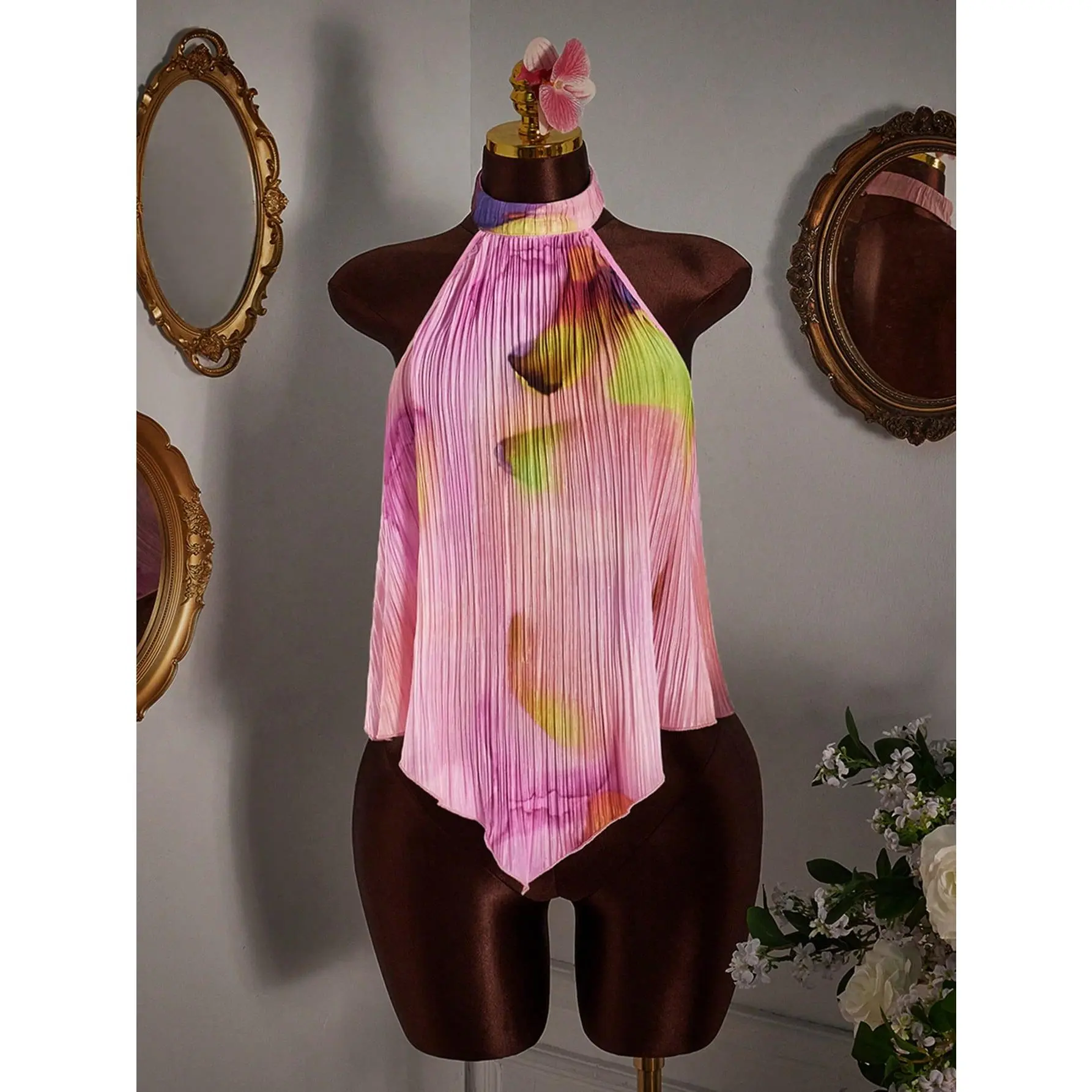 Floral Print Pleated Asymmetric Hem Tank Top, Going Out Tops, Party Tops, Concert Outfits Women
