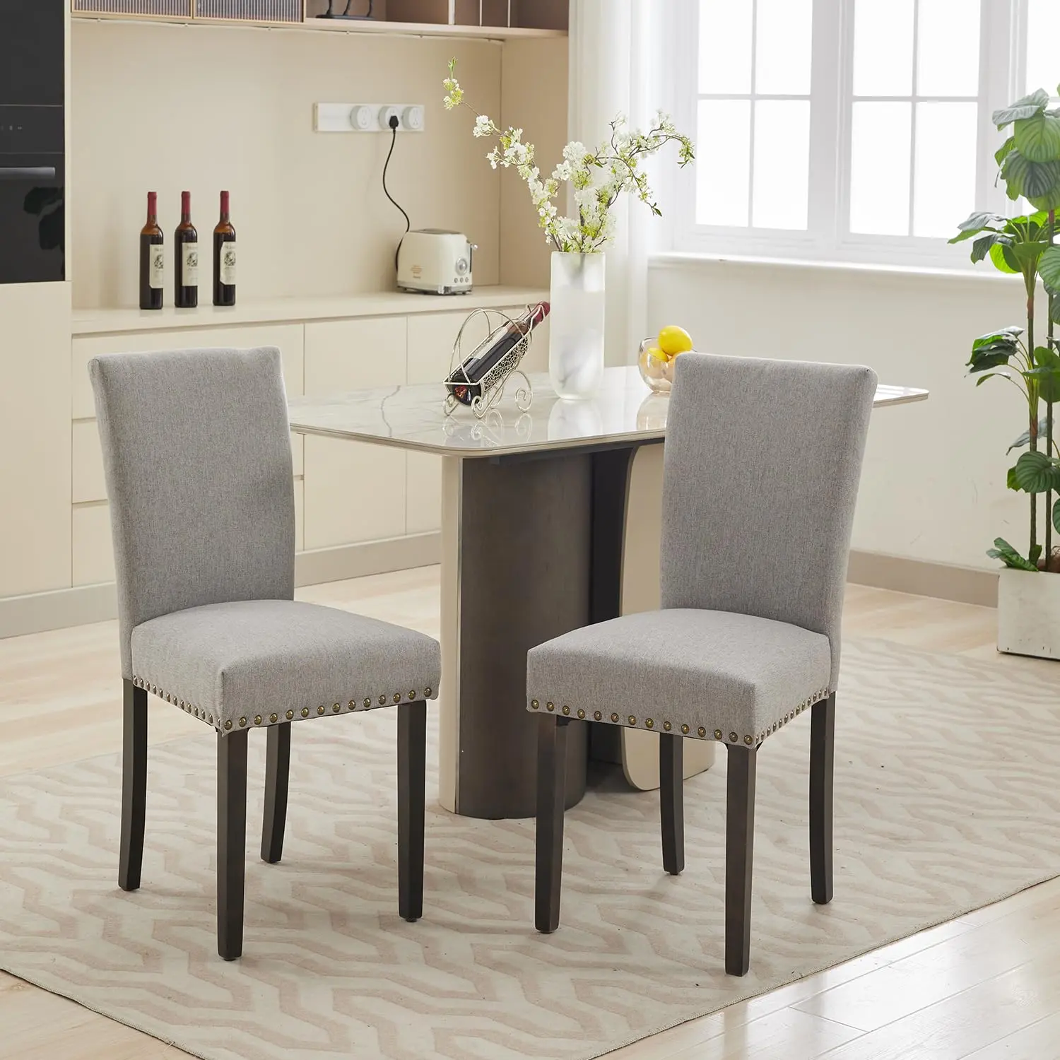 Modern Upholstered Dining Chairs Set of 2 - Armless, High Back, Padded Cushion Seat, Nailhead Trim, Wood/Metal Legs, Parsons Look Accent for Dining Room, Kitchen - Beige/Grey
