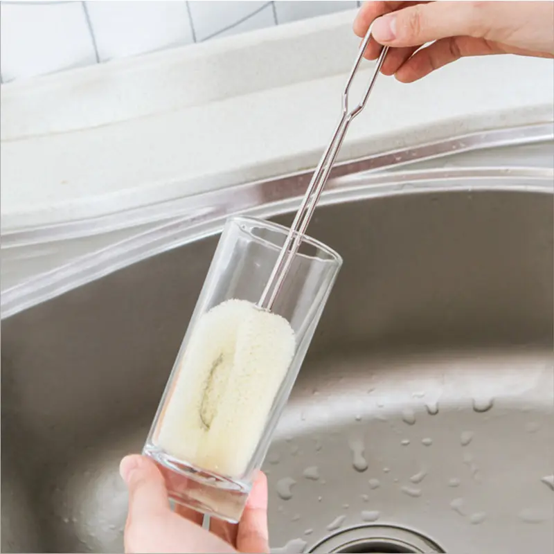 Stainless steel handle, imitation loofah sponge head, long-handled cleaning brush, multi-functional kitchen cleaning cup brush, baby bottle brush