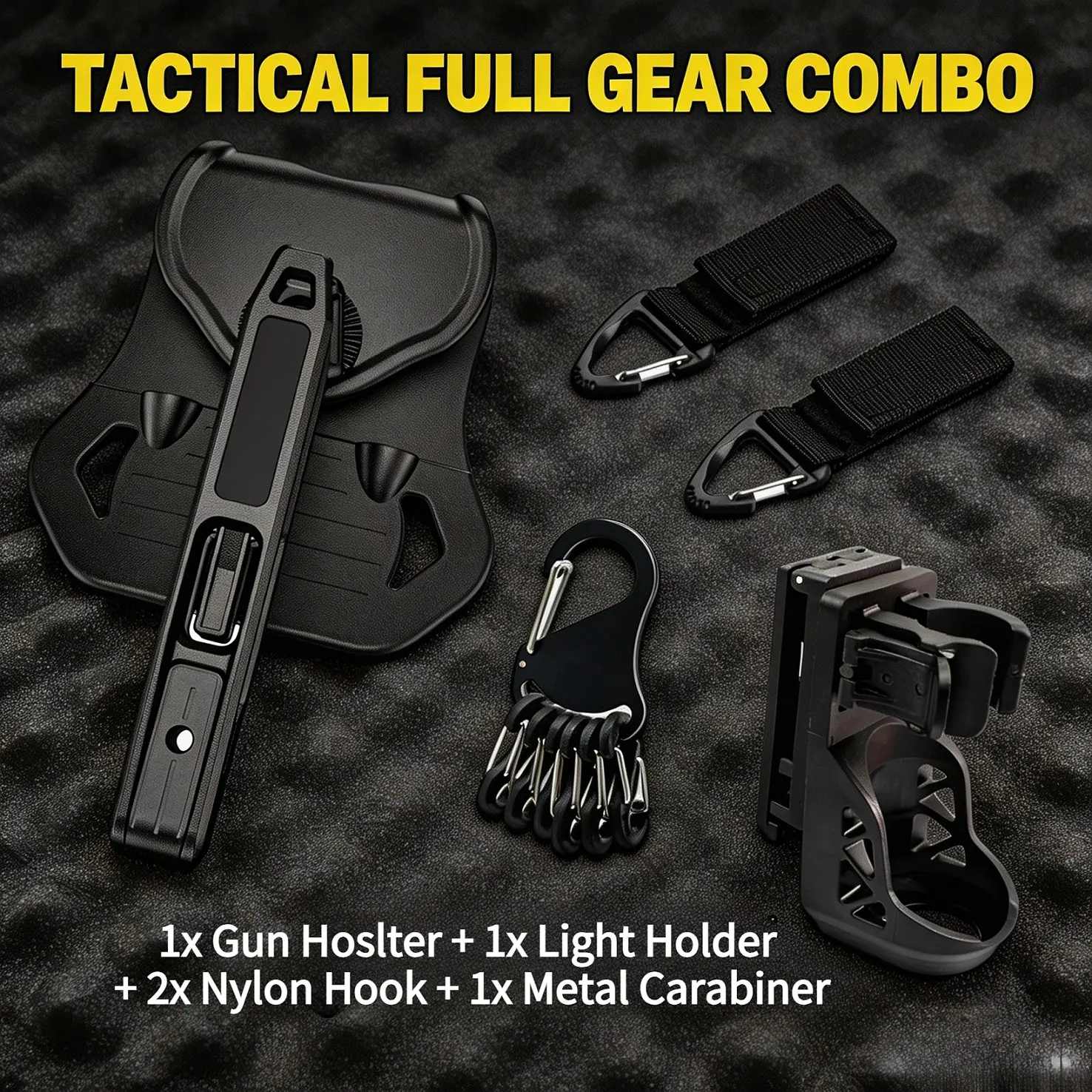 Tactical Full Gear Combo Set – Gun Holster & Flashlight Holder with 2x Nylon Keychain Hooks and Metal Carabiner | 360° Rotatable Quick Draw Holster for Double Stack 9mm/.40/.357 | EDC Belt Mounted Kit for Outdoor Hunting and Camping