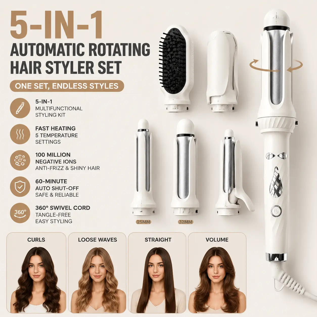 5-in-1 Automatic Rotating Hair Curler Set, Multifunctional Hair Styling Tool Kit with 25mm & 32mm Curling Wands, Straightening Brush & Heated Hair Styler, Fast Heat Anti-Frizz Salon-Quality Hair Styling Set for Curling, Straightening & Volumizing