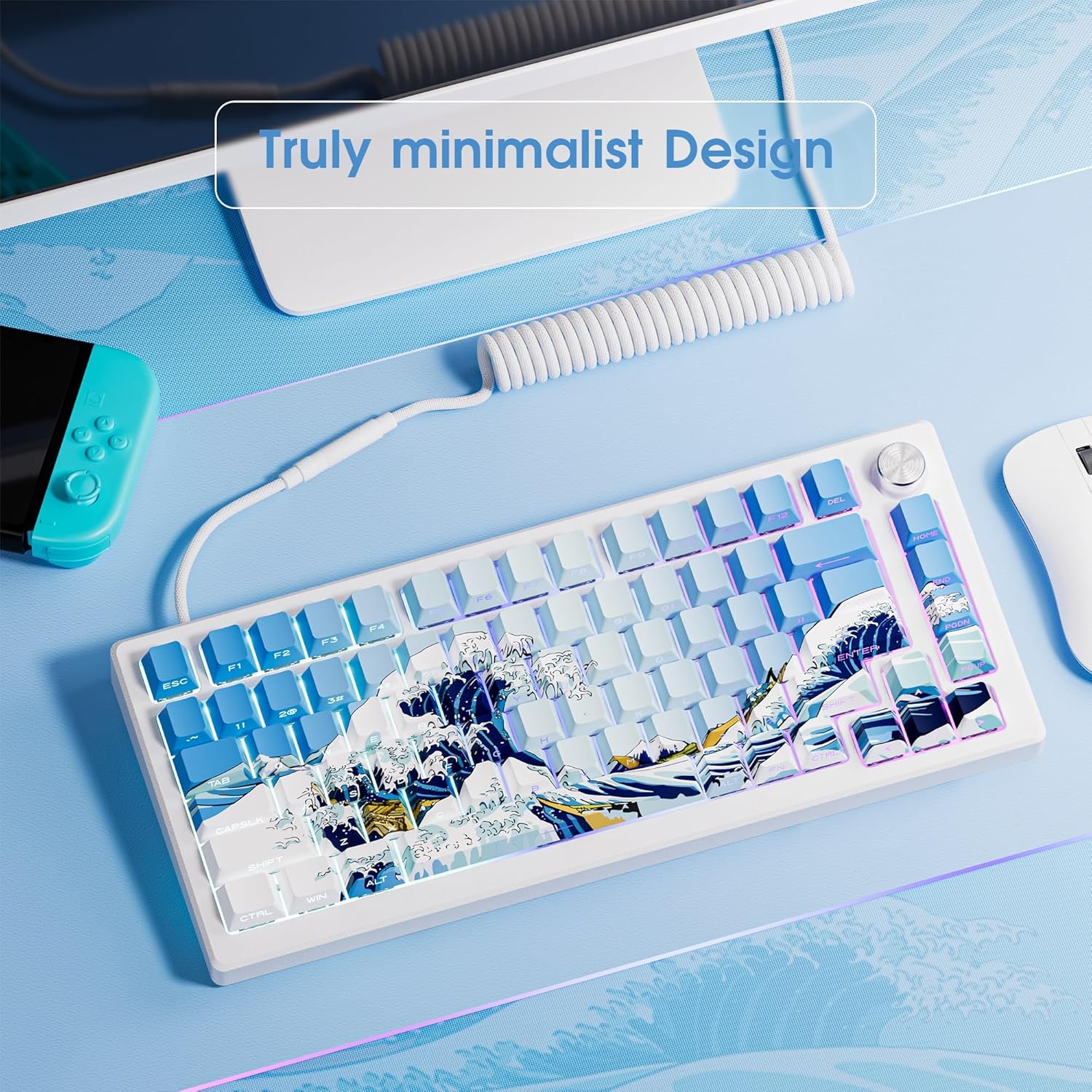 XVX Shine Through Keycaps, Side Print PBT Keycaps 75 Percent Dye Sub, 131  Cherry Profile Custom Keycaps 60 Percent, Wave of Kanagawa Double Shot Keyboard Key caps for Mechanical Keyboards