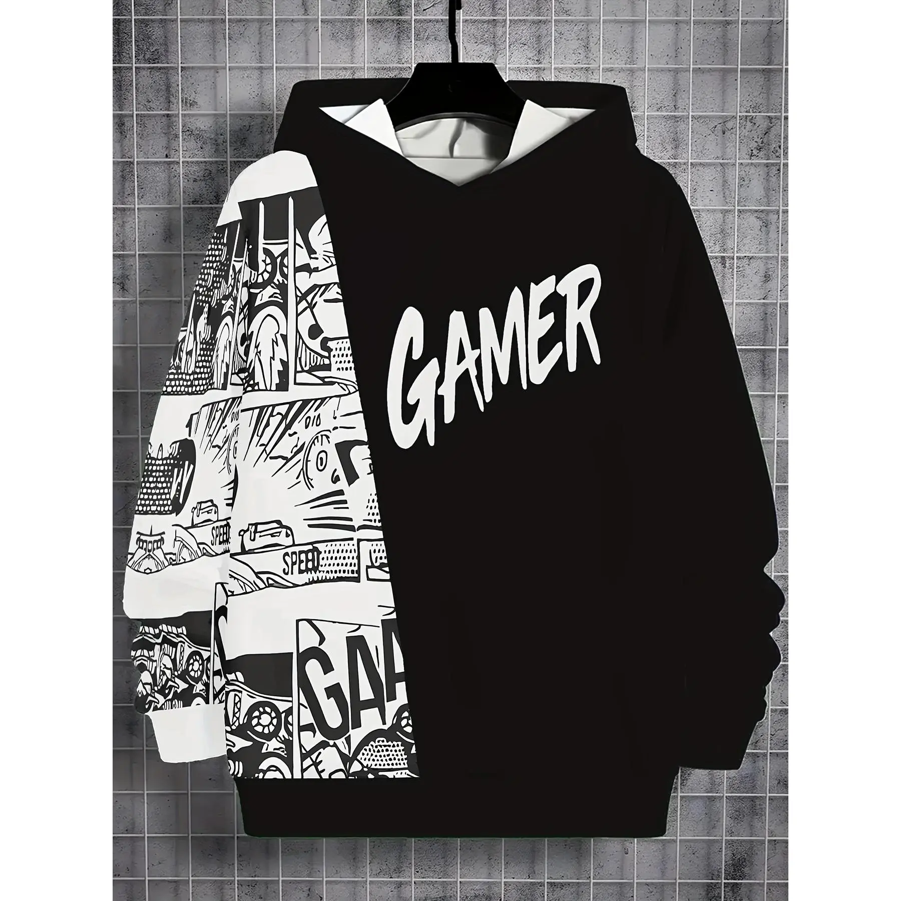 Boys' Hoodie - Black And White Contrast Game Pattern Sweatshirt, Machine Washable for Casual And Formal Wear - Fall Winter Long Sleeve Top, Teenager Gaming Apparel, Trendy Fashion, Comfortable Fit, Outdoor Outfit, Street Style, High Quality Print