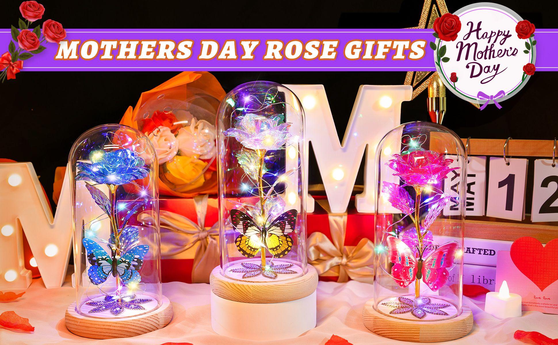 DEEMEI Mother's Day Gifts for Women Eternal Flower Light Up Galaxy Rose in Glass Dome with Butterfly Birthday Gifts for Her Mom Girlfriend Daughter Outdoorfun Design