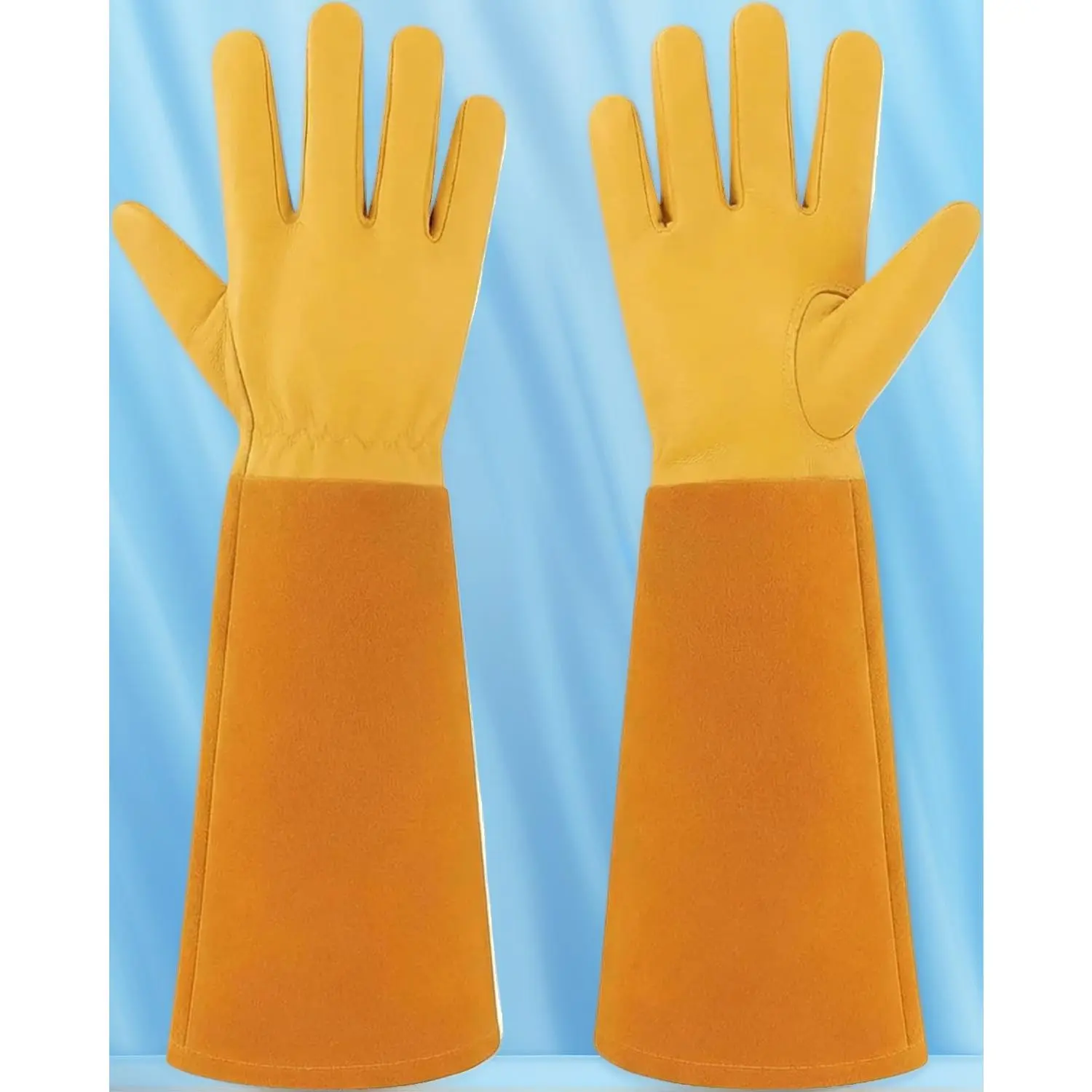 Thorn Proof Gardening Gloves for Men Women, Long Cowhide Leather Rose Pruning Gloves, Forearm Protection Gauntlet Gardening Work Gloves, Yellow, X-Large