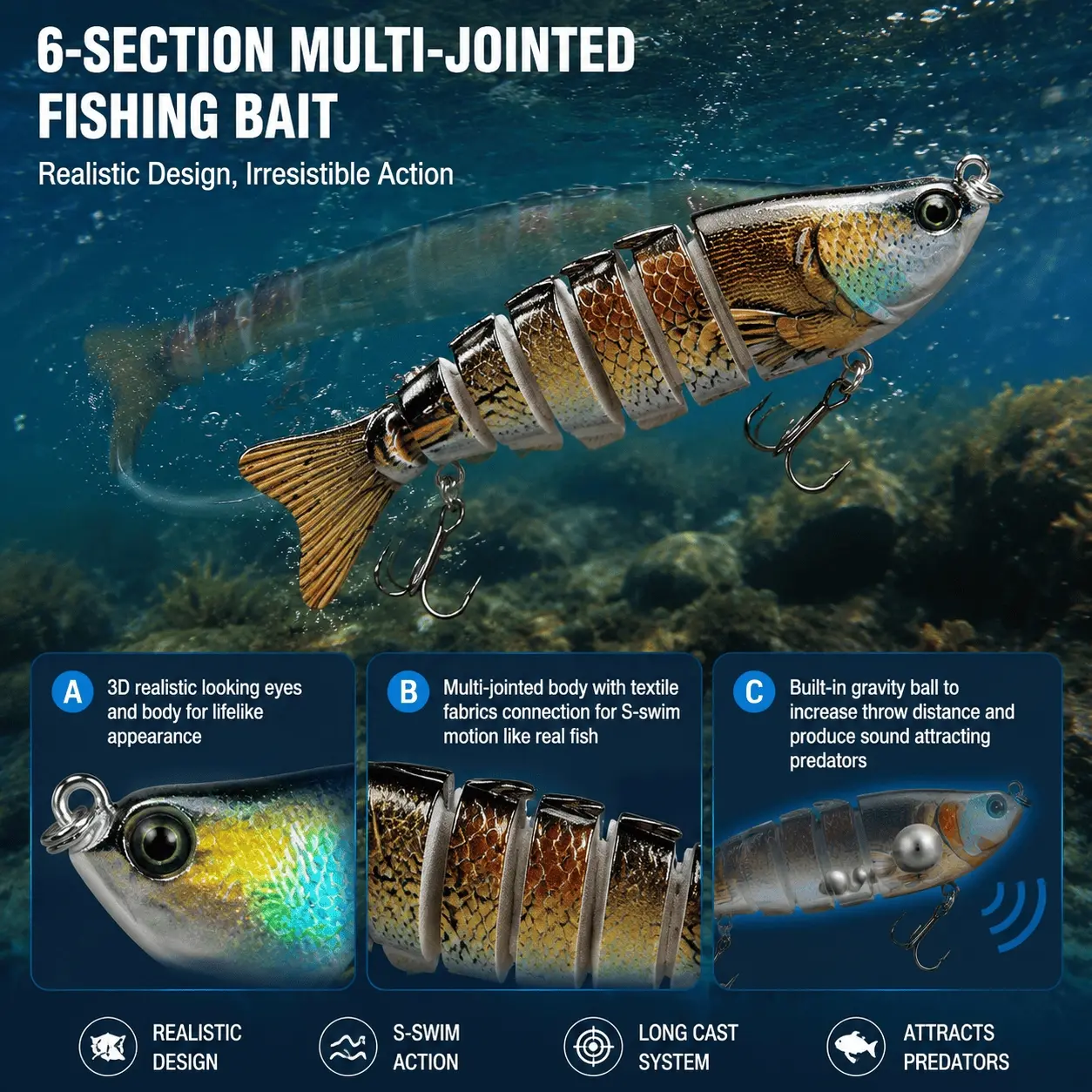 8-Pack 6-Segment Articulated Silicone Swimbait Set – 15.5g Tangle-Free Design, Size 6 Hooks, Realistic Action for Boat & Bass Pond