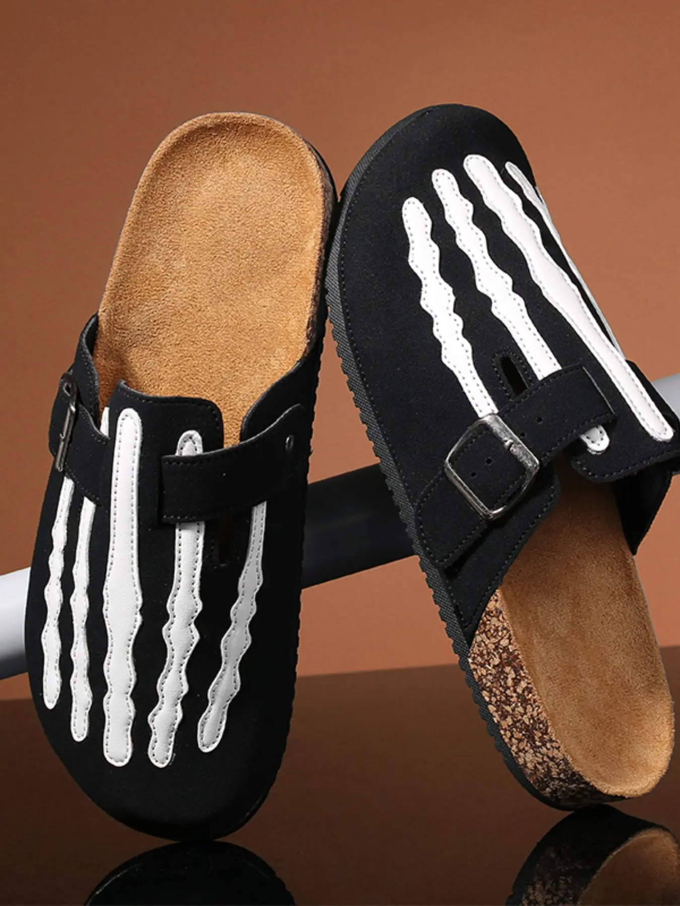 Men's Halloween Skeleton Print Clogs, Goth Spooky Season Slip-On Mules Cork Footbed Slippers