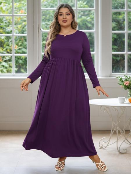 Women's Round Neck Stretchy Casual Long Plus Size Dress, Perfect for Bridesmaids, Vintage Style Wedding & Party Wear, Comfortable Fabric