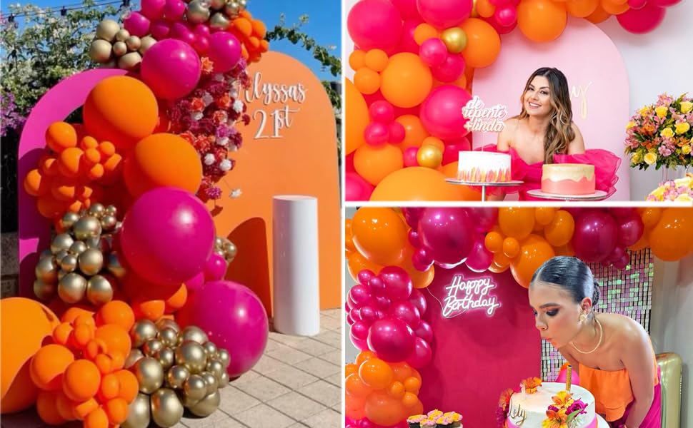 139Pcs Pink and Orange Balloons Garland Arch Kit, Pink Orange Metallic Gold Party Balloons For Birthday Wedding Tropical Party Supplies Summer Party Decorations