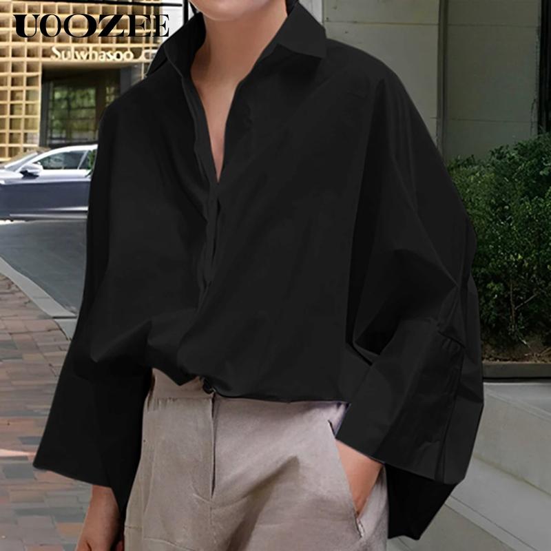 UOOZEE Women's  Loose Oversized Fit Multi-Colored Lapel Shirt Tops for all seasons loose and simple Polyester oversized versatile commuting suitable for a variety of occasions Collared Longsleeves cute fall outfits going tops office outfits  Chic  Casual