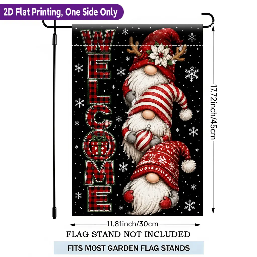 2D Flat, 2D Flat Printing Garden Flag 1pc, Welcome Christmas Gnomes Arrival Polyester Garden Flag, Single Sided Pringing, Holiday Yard Banner, Seasonal Festival Yard Outside Decorative Flags for All Seasons, Flagpole Not Included(Flag Only), 2D Flat