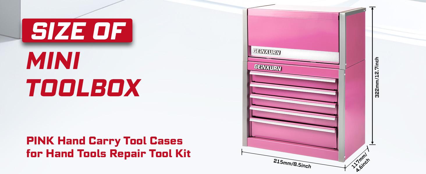 Mini Tool Box 3 Drawer Top Chest and 5 Drawer Roll Cab with Locking Stackable Hand Carry Tool for (Pink)