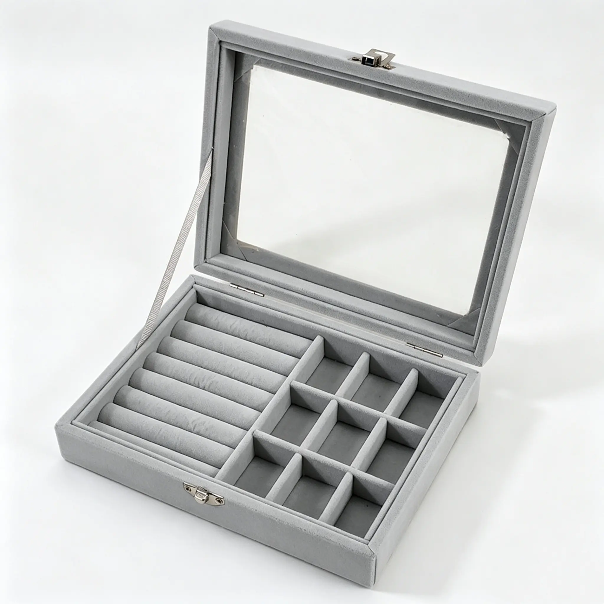 Velvet Lined Jewelry Box with Transparent Acrylic Flip Lid, Divided Compartment Jewelry Storage Case, Compartmentalized Organizers, Dustproof Display Holder for Rings, Earrings, Studs and Small Jewelry