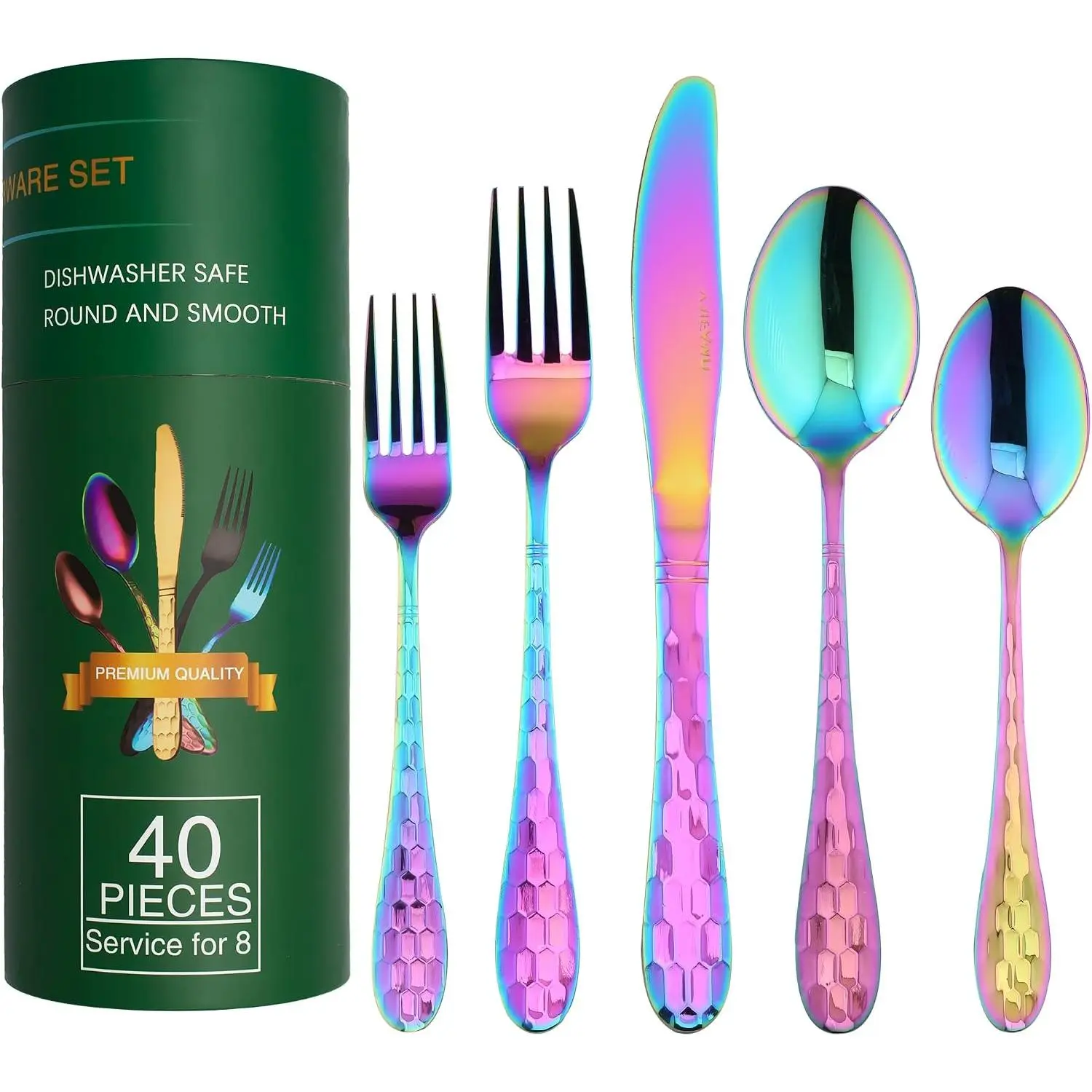 Rainbow Flatware Cutlery Silverware Set 40 count, 18/10 Stainless Steel Colorful Utensils, Tableware Flatware Set Service for 8, Include /Fork/Spoon, Mirror Polished, Dishwasher Safe (Rainbow)…