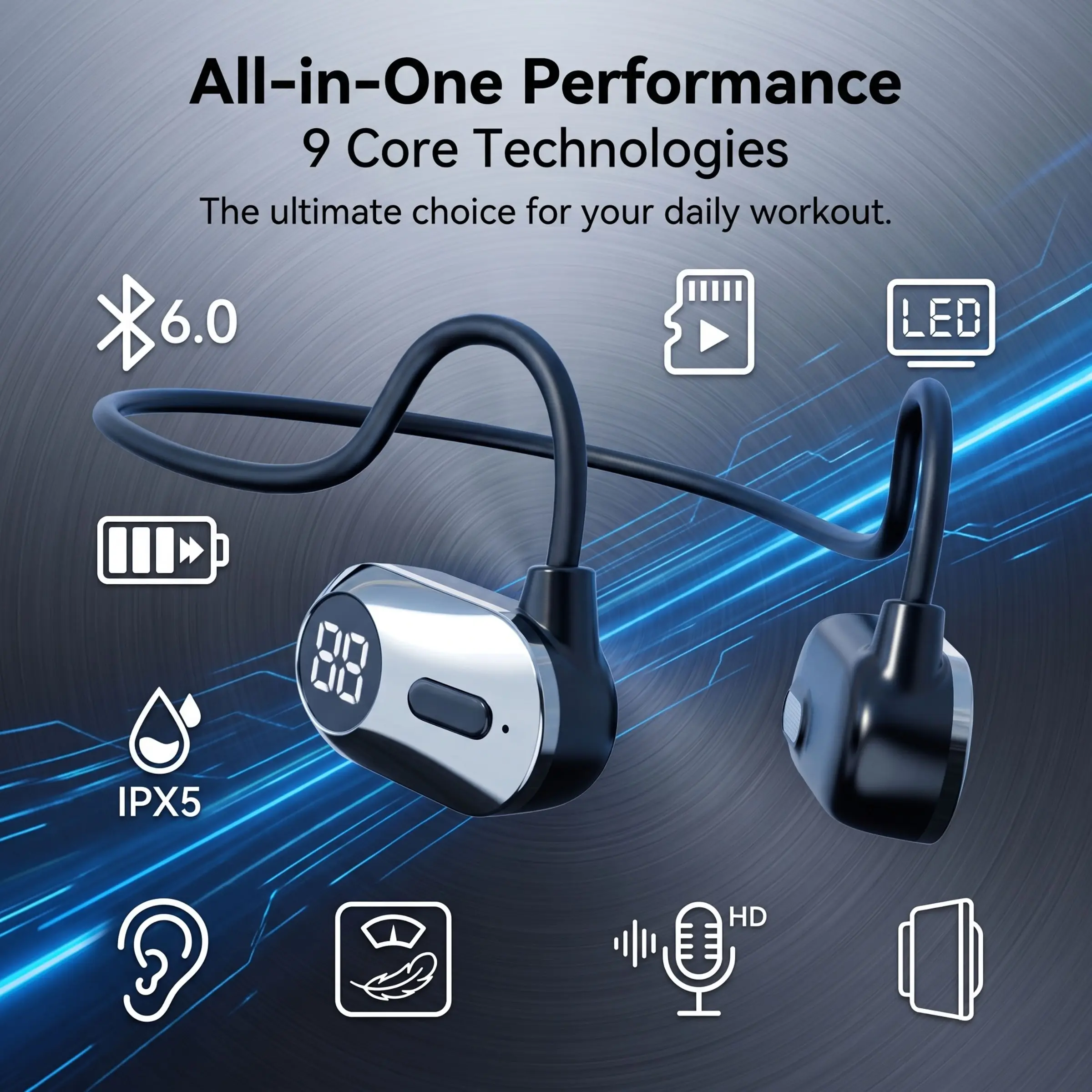 2026 New Bone Conduction Open Ear Headphones, Bone Conduction Headset, Bluetooth-compatible 6.0, Ipx5 Waterproof, Mp3 Storage, LED Display, HD Mic, Long Playtime, Wireless Earbuds