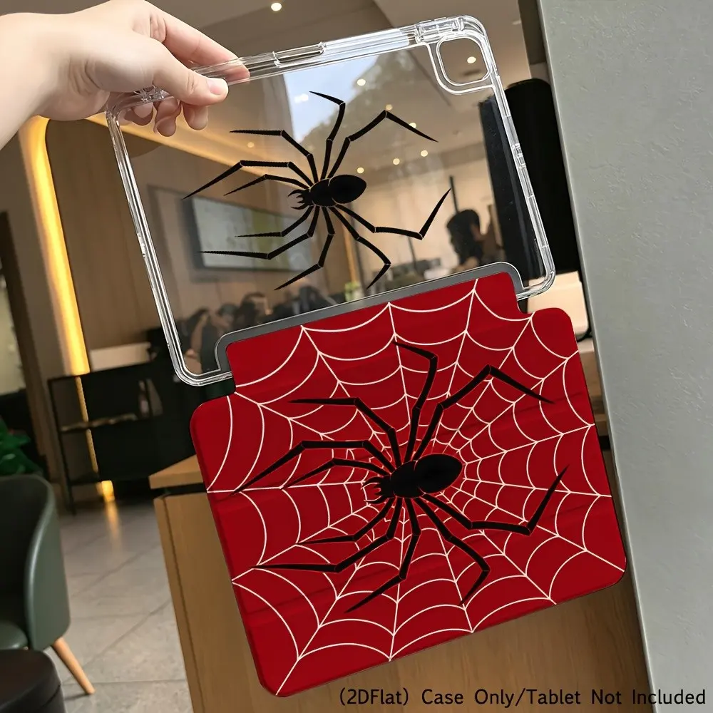 Transparent Tri-Fold iPad Case, Book-Style Tablet Case, Bright Base, Cobweb Texture, Spider Print, Compatible with Multiple iPad Models