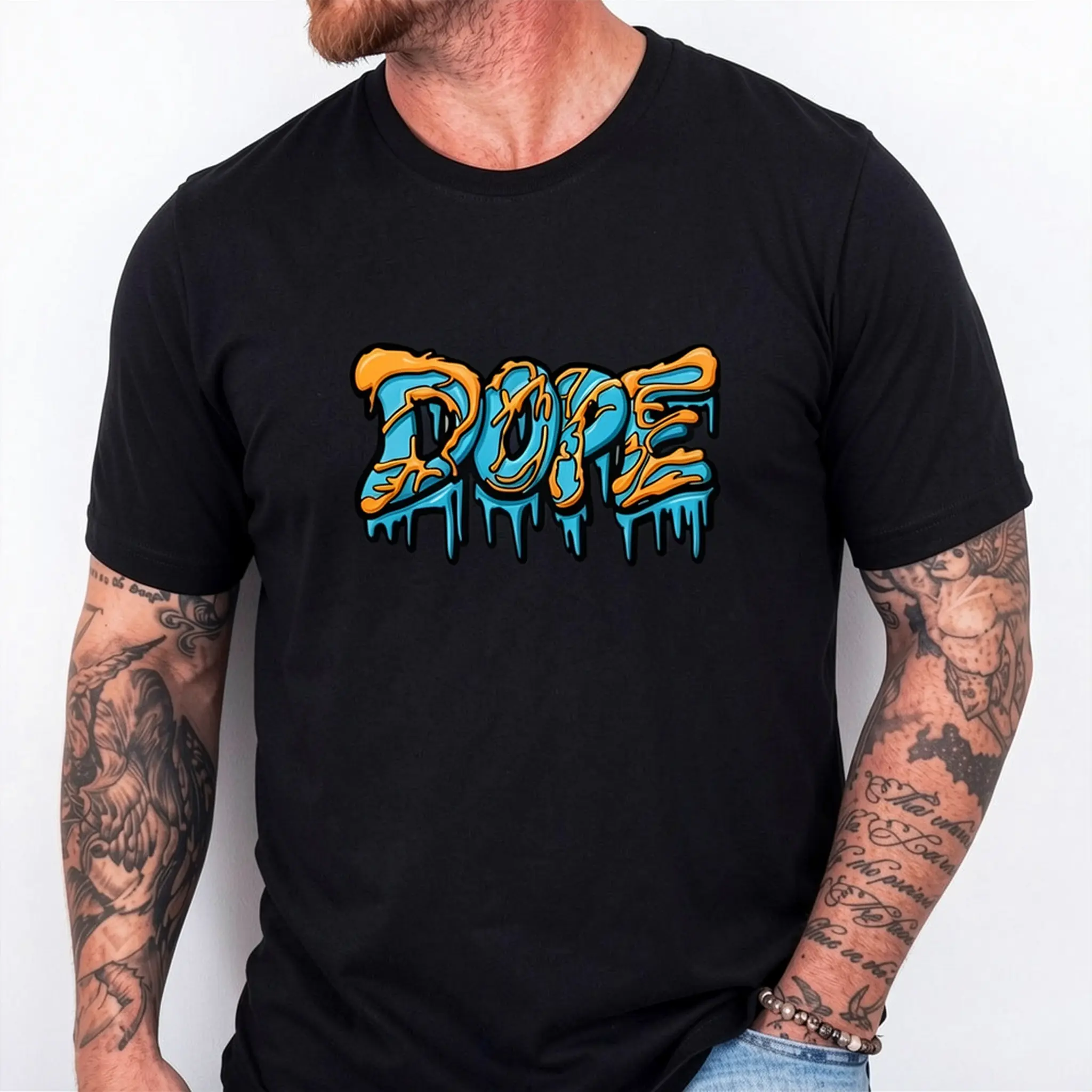 Men's Vibrant Turquoise Short-Sleeve Round Neck Graphic T-Shirt - Casual Streetwear, Bold Drip Letter Print, Regular Fit, Machine Washable Menswear Top
