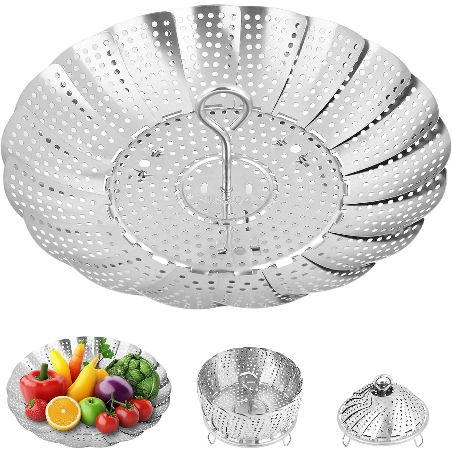 Steamer Basket for Cooking – Premium 304 Stainless Steel Steamer Basket, 3rd Gen Folding Expandable Steamers, Suitable for Cookware Pot, Fit for Fish Vegetables Pasta Eggs (Small (5.5“ to 9.05”))