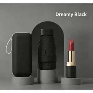 5.6 Inch Dreamy Black  Mini 5-Fold Umbrella, 14cm Ultra Thin Card Style Pocket Umbrella, Lightweight Portable Sun & Rain Umbrella with Hard Shell Capsule Case, Ideal for Commute Travel & Business Gifts