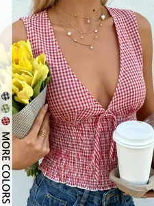 Women's Classic Gingham Print Tank Top, Deep V Neck, Front Tie Detail, Full Smocked Waist, Sleeveless, Ruffled Hem, Lightweight Breathable Woven Fabric, Daily Casual Vacation Date Commute Wear