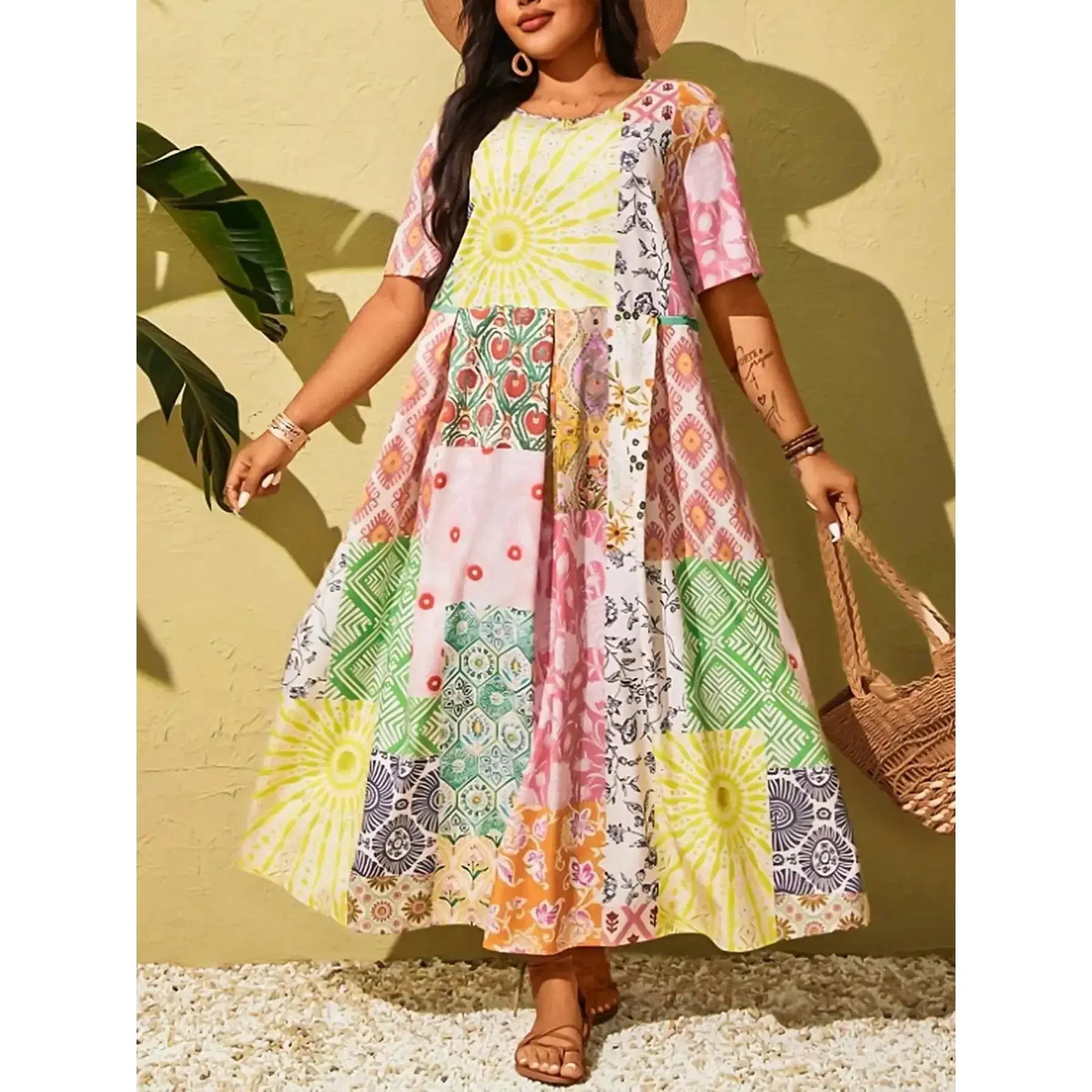 Women's Plus Size New Boho Patchwork Dress, Stylish Casual Wear, Comfortable Fit, Perfect for Daily, Spring Trendy Fashion Clothing, Boho Style Dresses