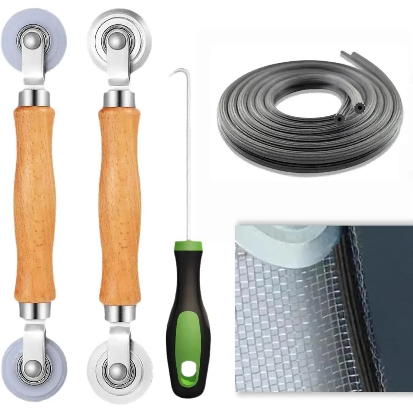 4-in-1 Window & Door Mesh Installation Hand Tool Kit for DIY Projects, Home Improvement - Includes 2 Roller Tools, 32ft Retainer Spline, 1 Spline Removal Hook, Hardware Window Fittings