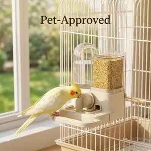 Two-In-One Automatic Feeder and Waterer for Bird Cages, Hanging Parrot Feeding Set with Perch, Suitable for Various Birds, Bird Supplies