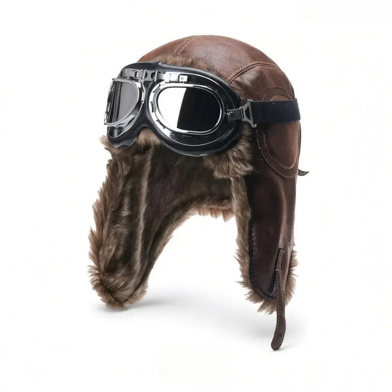 Unisex Camel Leather Pilot Hat Set with Goggles, Windproof Flaps, Ear Protection – Outdoor Riding Winter Sports Gear