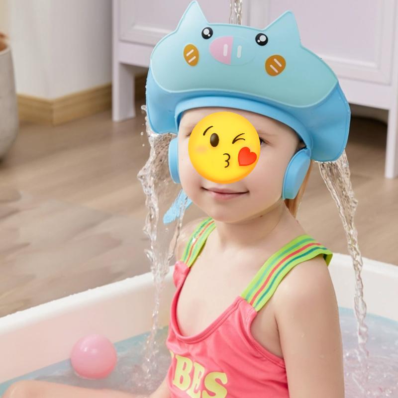 Adjustable leak-proof baby shower cap, cute cartoon cat design - baby products, waterproof PP material, suitable infants and toddlers, 0+ months, pink/blue/yellow, newborn essentials, baby products clearance