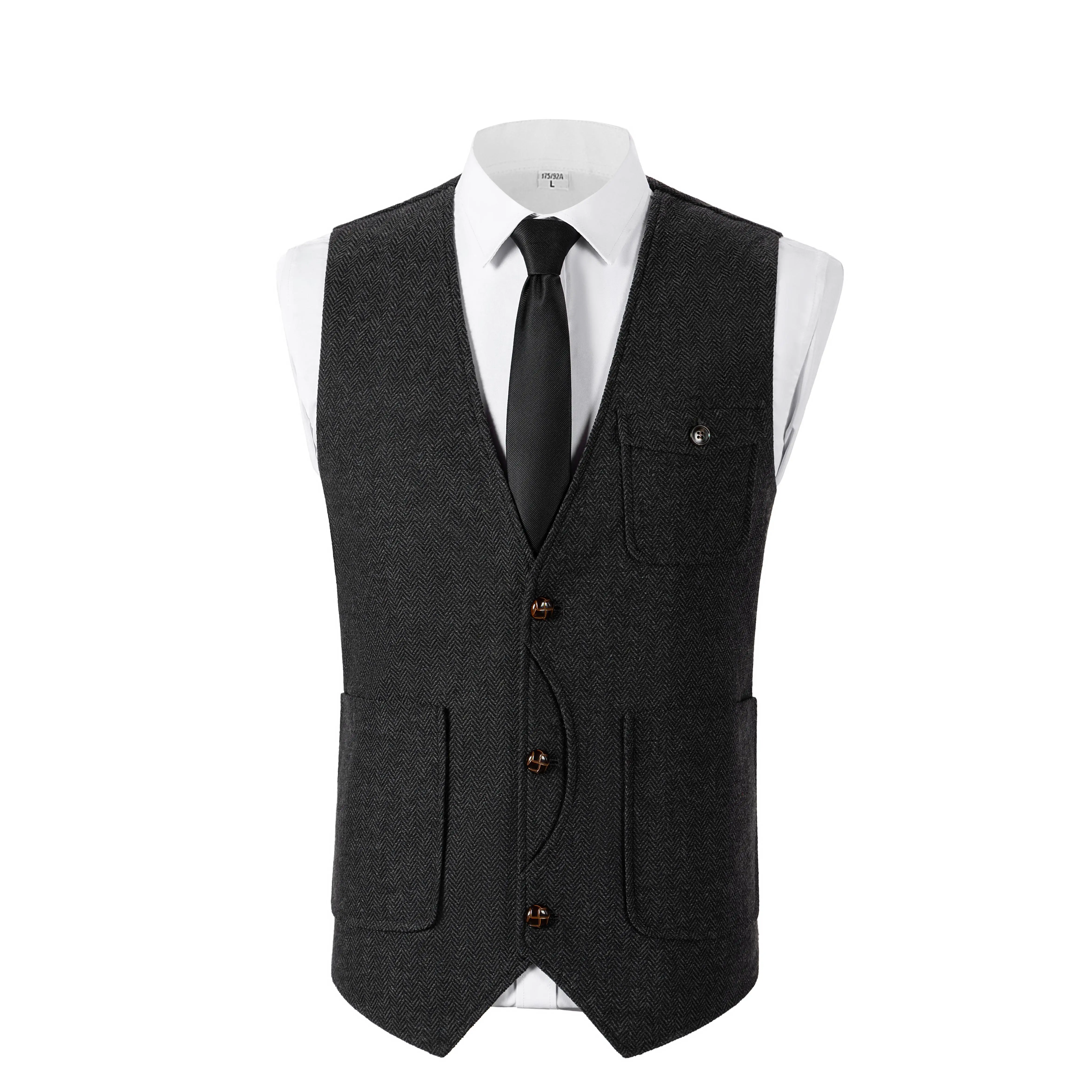 Men's V-Neck Herringbone Tweed Waistcoat - Retro Style, Multi-Pockets Layering Vest for Formal & Casual Occasions, Classic Polished Look